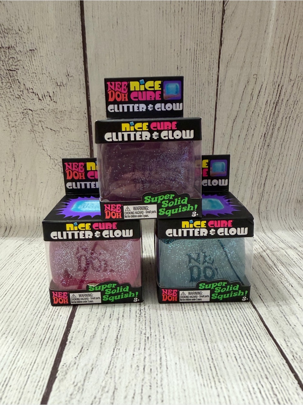 Set of 3 - NeeDoh Glitter & Glow Cubes Squishy Sensory Fidget